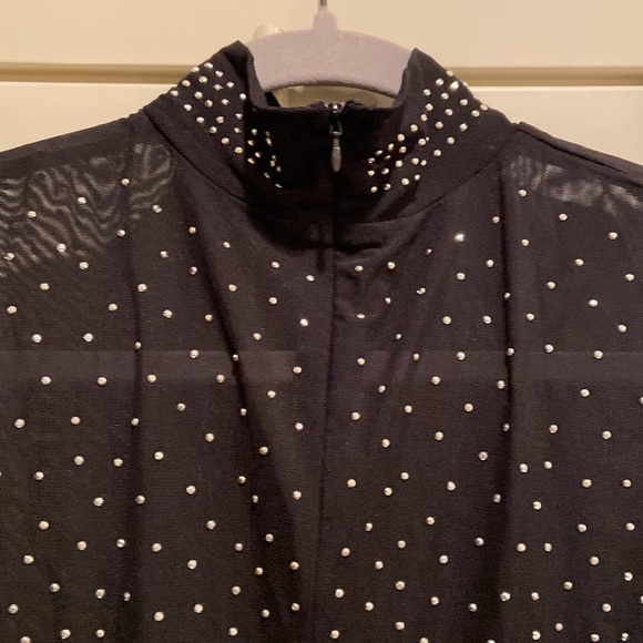 Black Sheer Silver Rhinestone Mock Neck Bodysuit new - Picture 3 of 5